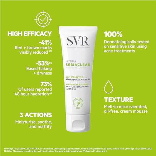 SVR Sebiaclear Moisturizing Face Cream - Niacinamide, Hyaluronic Acid and Ceramides - Soothing Moisturizer for 48h of Hydration - Reduces the appearance of marks - For Oily Sensitive Skin, 1.4 oz.