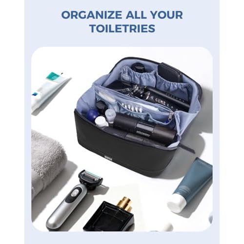WANDF Toiletry Bag for Men, PU Leather Travel Organizer with Detachable Waterproof Hanging Pouch, Open-Flat Dopp Kit Shaving Bag with Wet Pocket for Travel Toiletries Accessories (Black)