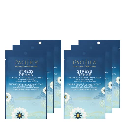 Pacifica Beauty Stress Rehab Coconut and Caffeine Facial Mask, Skincare, Green Tea, Puffiness, Redness Relief, De Stress, Skin Care, Face Mask, Sheet Mask, Face Care, All Skin Types, Vegan (6 Sheets)