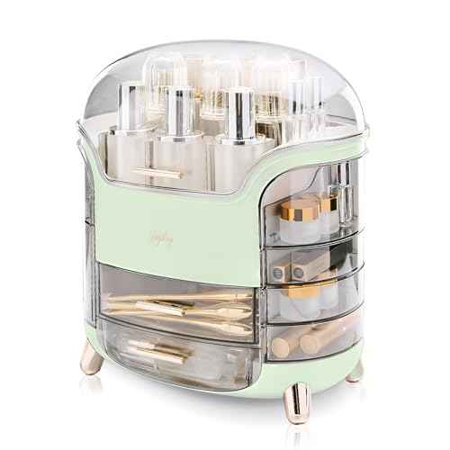 Makeup Organizer and Storage, Large Capacity Cosmetics Organizer with Waterproof and Dustproof, Makeup Organizer for Vanity with Lid and Drawer, Fit Bathroom,Bedroom, Desk,Countertops - Green