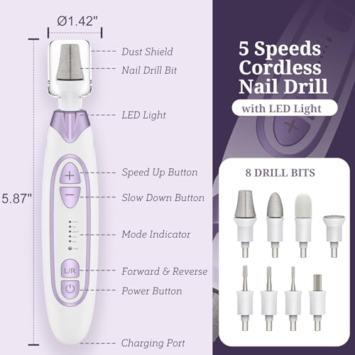 Electric Toenail Grinder & Nail Drill Kit - 5 Speeds, LED Light