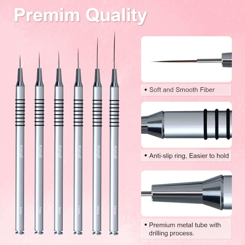 Komall 6Pcs Metallic Nail Art Liner Brushes Set - Fine Detail Drawing Pens