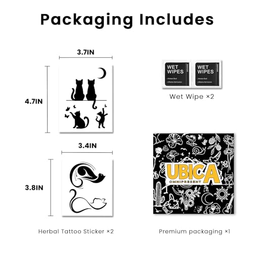 Semi Permanent Tattoos, 2 Sheets Tiny Realistic Temporary Tattoos for Women Men Arm, Fake Tattoo for Party, Waterproof No Reflective, Lasts 2 Weeks (Minimalist Cat & Cute Moonlit Cat Group)