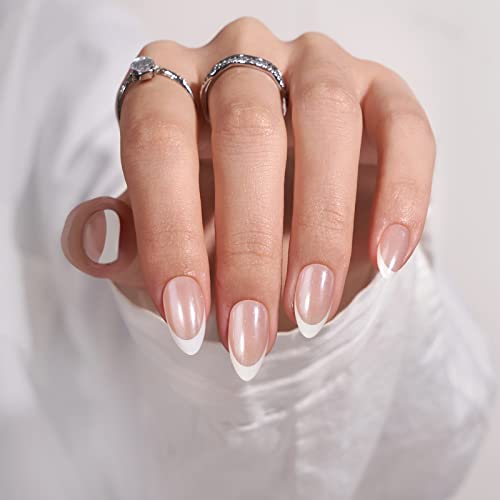 BTArtbox French Tip Press On Nails Almond - Press on Nails Short, Supremely Fit & Natural Glue On Nails, Classic & Dazzling Pink