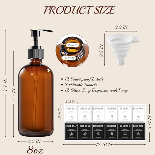 8oz Amber Glass Pump Bottles 12-Pack with Labels & Funnels