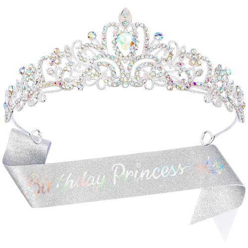 SuPoo AB Silver Birthday Princess Birthday Sash and Crown Set Birthday Girl Crown Rhinestone Tiara for Women Crystal Headband Happy Princess Birthday Party Decorations Headpieces Hair Accessories