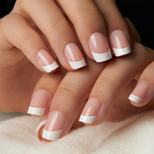 CurvLife Short Square French Tip Press-On Nails, Edge White, Soft Gel, Natural Variation