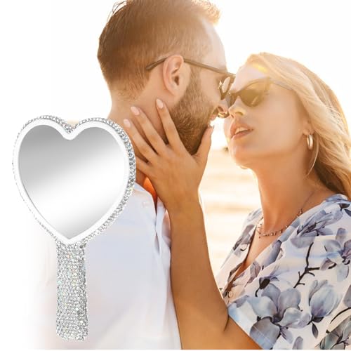 Heart-Shaped Handheld Mirror with Rhinestones 6.3x4.3 Inch
