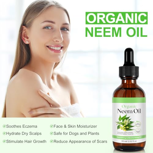 Organic Neem Oil for Skin Hair - Leaves Skin Youthful & Radiant, Promotes Healthier Thicker Hair - Neem Oil for Plants - 100% Natural, Cold Pressed, Hexane Free - 2PCS, 120ml