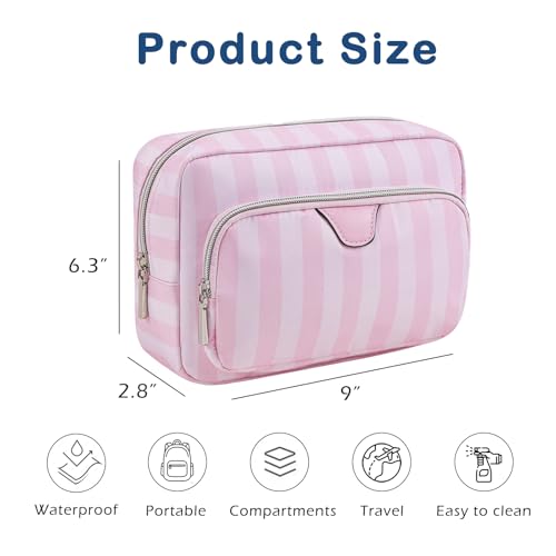 Cute Pink & White Stripe Makeup Bag with Compartments,Nylon Travel Essentials Coquette Cosmetic Bag Organizer Toiletry Bag for Women Girls (02Compartments)