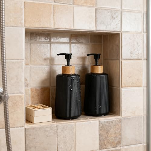 Glass Soap Dispenser, 12oz Modern Farmhouse Style with Bamboo Pump