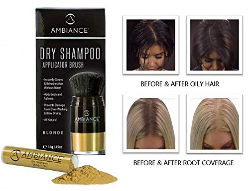 Ambiance Dry Shampoo–3-in-1 Cleans, Covers & Conceals. Absorbs Oil to Refresh Hair, Boosting Body & Shine. Covers Roots & Gray Between Colorings. (Combo- Brush + Refill, Blonde)