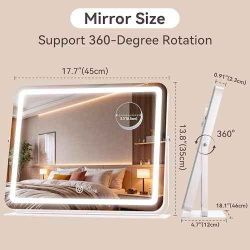 MINISO Vanity Mirror with Lights, 18" x 14" LED Makeup Mirror, Light & Brightness Adjustment, Smart Sensor, 360¡ÆRotation, Aluminum Alloy Metal White Frame, with 10X Magnifying Glass