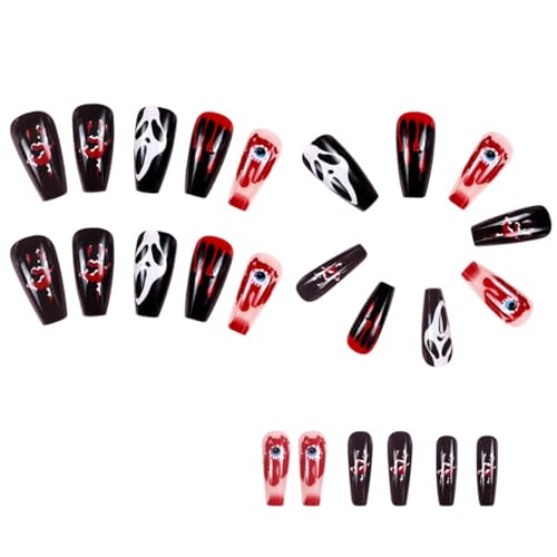 Halloween Press on Nails Coffin Medium Length Fake Nails Black False Nails with Designs Evil Eye Blood Drop Glue on Nails Scary Ghost Stick on Nails Full Cover Square Artificial Nails for Women 24pcs