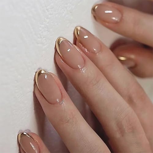 Mivota Short Pink Press On Nails with Gold French Tips - 24 Pcs