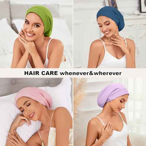 4Pcs Silk Satin Bonnets for Women Men, Adjustable Hair Wrap Slouchy Beanie Hat for Curly Hair