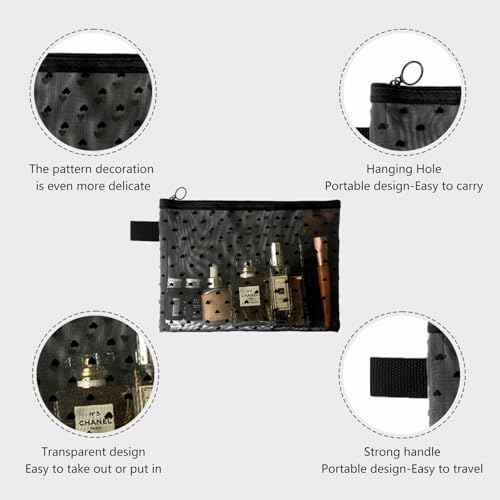 4-Piece Heart Printed Mesh Makeup Bag Set, Portable Travel Mesh Cosmetic Bags Toiletry Bags Makeup Purse Bags Mesh Zipper Storage Pouches for Home Offices Travel Accessories (Black)