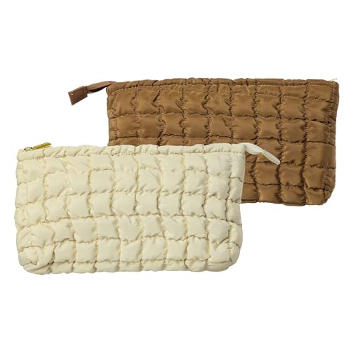 Navaris Large Puffy Makeup Bag, Set of 2 - Coquette Quilted Pouch Design - Preppy Clean Girl Aesthetic - Lightweight Cosmetic Bags - Make up, Skincare & Toiletries - Brown & Beige