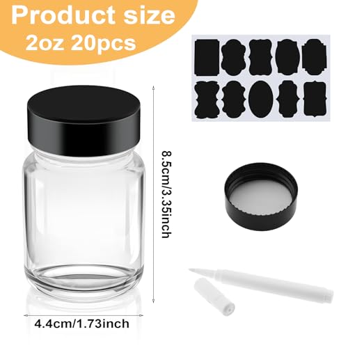 20 Pack 2 oz Glass Shot Bottles Wide Mouth Wellness Shot Glass Bottles with Black Lids & Labels and Pen for Juice,Ginger,Leakproof Travel Wide Mouth Mini Clear Jars Dishwasher Safe (20)