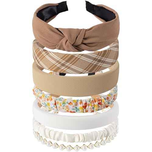 Sunolga 7 Pack Brown Headbands for Women Girls Non Slip Floral Padded Hairbands Cute Pearl Head bands Wide Headbands Trendy Hair Accessories