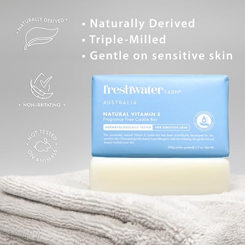 Freshwater Farm Australia Soothing Castile Natural Body Bar/Soap Bar for Women/Men- Moisturising Natural Vitamin E Soap. Nourishing Essential Oils For Dry, Sensitive Skin-200g x 8 Pack