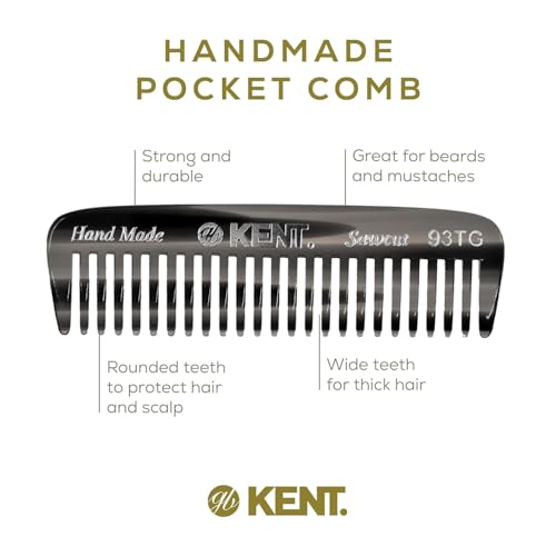 Kent 93T Black Graphite Wide Tooth Men's Comb, for Mustache and Beard ideal for Facial Hair, Small Pocket Sized Travel Detangler Comb, Saw-Cut Hand polished Made in England