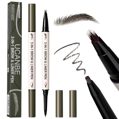 UCANBE 2-in-1 Eyebrow Pen & Gel Eyeliner Pencil ? Microblading Eye Brow Pencil with Brow-Fection Angled Brush Tip + 1.5mm Ultra-Fine Eye Liner, Waterproof, Quick-Dry, Long Lasting (Black Brown)
