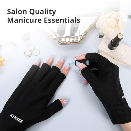 AIRSEE UPF 50+ UV Protection Gloves for Gel Nail Lamp Manicure - Black