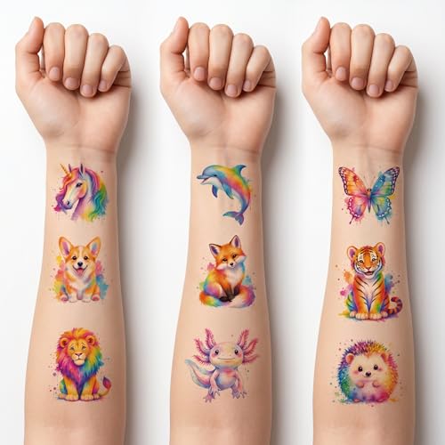 96 Watercolor Animal Temporary Tattoos for Kids