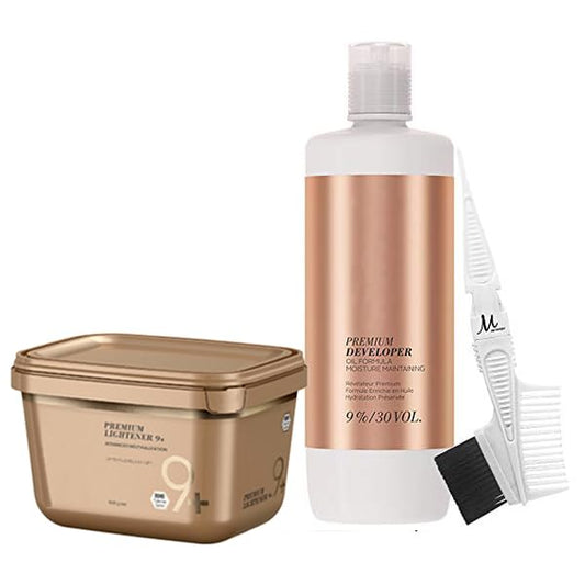 BlondeMe 9% / 30 Vol Developer 1 Liter, BlondeMe Lightener 9+ Bond Enforcing Premium Dust Free Bleach 450 grams, M Hair Designs Tint Brush/Comb (Bundle 3 items)