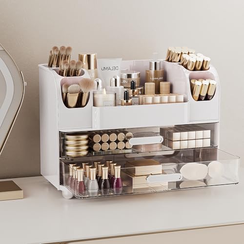 Delamu Large Makeup Organizer with 6 Brush Holders & 2 Drawers