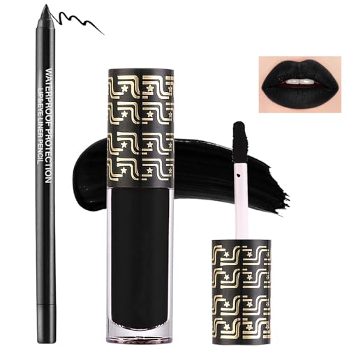 Black Matte Lipstick & Lip Liner Set - Waterproof Velvet