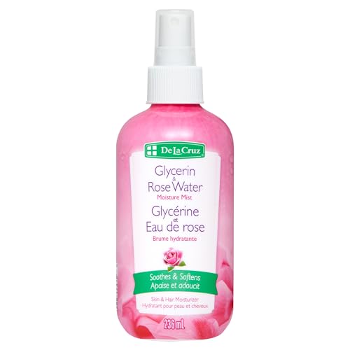 De La Cruz Rose Water and Glycerin Spray for Face - Rosewater Facial Toner and Moisturizer Mist for Skin and Hair 8 fl oz (236 mL)