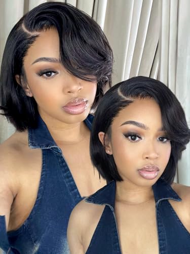UNICE 10 inch Short Layered Bob Drawstring Wig Human Hair with Side Swept Bangs Bye Bye Knots 7x5 Lace closure Glueless Wigs Human Hair Pre Plucked Pre Cut Read to Wear