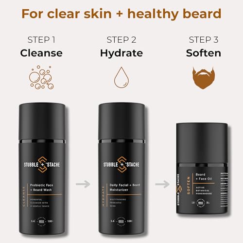 stubble & stache Beard & Face Moisturizer for Men - Hydrating Lotion with Hyaluronic Acid, Niacinamide, Argan Oil, Aloe Vera, Jojoba Oil, & Vitamin A for Dry Skin & Beard Conditioning - 3.4 fl oz