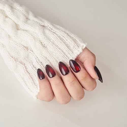 Handmade Cat Eye Gel Press On Nails ? Short Almond Dark Black Red Set, 26pcs Reusable Lamp-Curable Nail Kit Salon-Quality Fake Glue On Nail Tips for Christmas Valentine Wedding Everyday Glam
