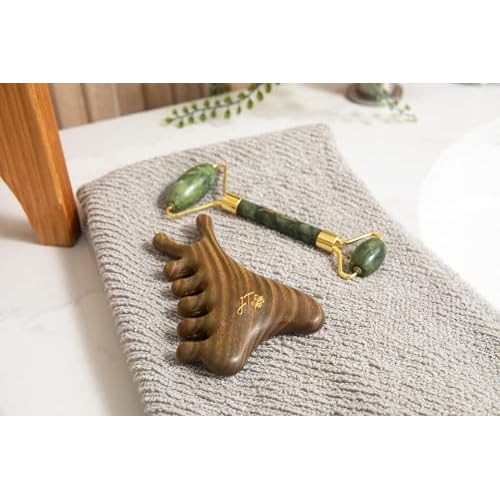 jade & timber Jade Roller & Green Sandalwood Gua Sha Set ? Facial & Body Massage Tools for Lymphatic Drainage & Sculpting - Self Care Gift