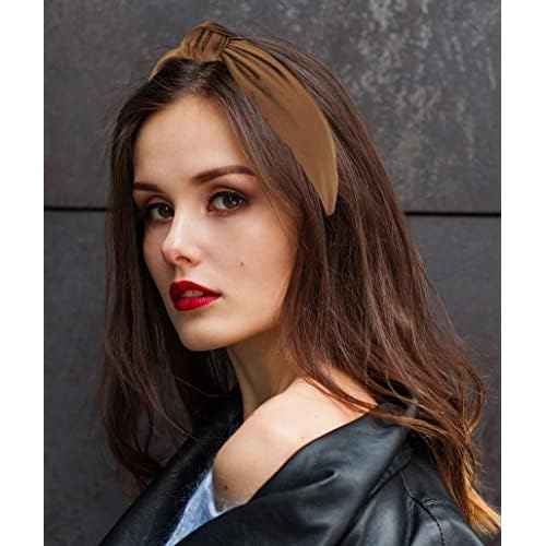 Women's Headbands: Brown Velvet Chic Knotted Top Knot, Trendy Fashion Designer Head Band