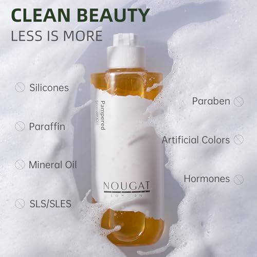 NOUGAT Pampered Shower Oil for Daily Bath Routine, Transforming Oil-to-Milk Body Cleanser for Makeup & Sunscreen Removal, Hydrating Botanical Wash for Dry Skin Relaxation at Home, Exotic Scent, 372g