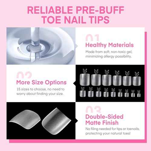 UNA GELLA Square Toe Nail Tips Big Long 312Pcs 15Sizes, Full Cover Soft Gel Toe Nail Tip Pre-Etched Fake Acrylic Toe Nail Press Ons for Big Toe Nail Extensions Pedicure Home DIY Nail Salon Soak Off