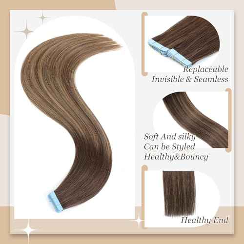 Tape in Hair Extensions Human Hair, Hair Extensions 20 Inch 20pcs Remy Straight Human Hair Tape in Extensions Skin Weft Tape Extensions Human Hair