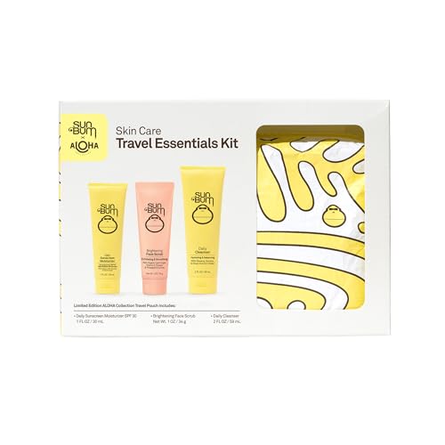 Sun Bum Skin Care Travel Essentials Kit | Cleanse, Brighten, Moisturize, Protect with Daily Cleanser, Brightening Face Scrub, and Daily Sunscreen Moisturizer | Includes Aloha Collection Travel Pouch