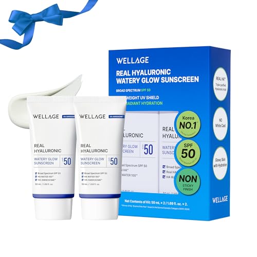 WELLAGE Real Hyaluronic Watery Glow Sunscreen Double Set SPF50 - Broad Spectrum UV Protection with 6 Types Hyaluronic Acid - No White Cast, Makeup Base - K-Beauty Face Sunscreen, 1.69 fl.oz x 2 Pack