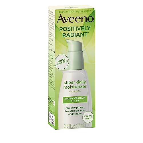 Aveeno Positively Radiant Sheer Daily Moisturizing Lotion for Dry Skin with Total Soy Complex and SPF 30 Sunscreen, Oil-Free and Non-Comedogenic, 2.5 fl. oz