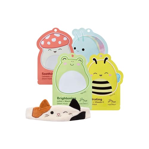 TONYMOLY x Squishmallows Facial Hydrating Sheet Mask Set, Soothe, Repair, Hydrate Skincare Variety 4 Pack + Cam the Cat Plush Headband for Skincare and Makeup, Washing Face, Makeup Application