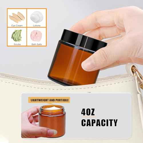 4oz Glass Amber Cosmetic Jars with Black Lids,12 Pack Empty Small Glass Jars with Inner Liners, Round Sample Container for Cream,Lotion,Ointments