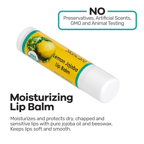 | USDA Organic Lemon Lip Balm ? 70% Jojoba Oil with Beeswax ? Steam Distilled Lemon Essential Oil ? Natural Softens for Dry, Chapped Lips ? 2-Pack (0.15 oz / 4.6 g Each)