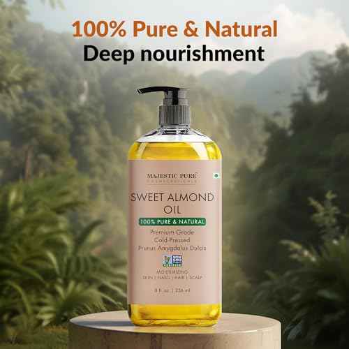 Majestic Pure Sweet Almond Oil - 100% Pure & Natural - Premium Grade, Cold-Pressed, Hexane-Free Carrier Oil for Skin, Hair and Body - Moisturizing Skin, Hair and Scalp - 8 Fl Oz