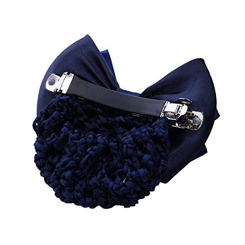 Women Lacrosse Flower Lace Ribbon Bowknot Rhinestone Snood Net Elastic Hair Clip Barrette Bun Maker Bow Cover Hairnet Decor for Nurse Bank Worker Air Hostess (Blue)