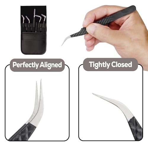 5-Piece Eyelash Extension Tweezers Set Precision Lash Tweezers with Anti-Slip Grip with fiber tip lash tweezers Tools for Lash Artists & eyelash tweezers for women (eyelash set black)